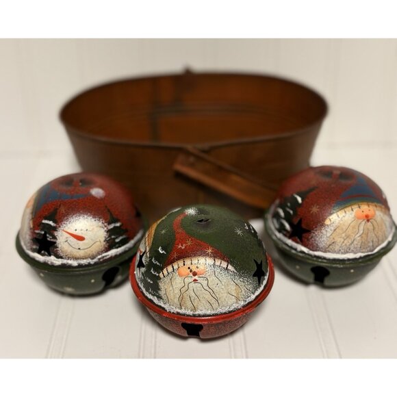 3 Metal Jingle Bells In Rust Basket Christmas Ornaments Red Green Hand Painted - Picture 1 of 6